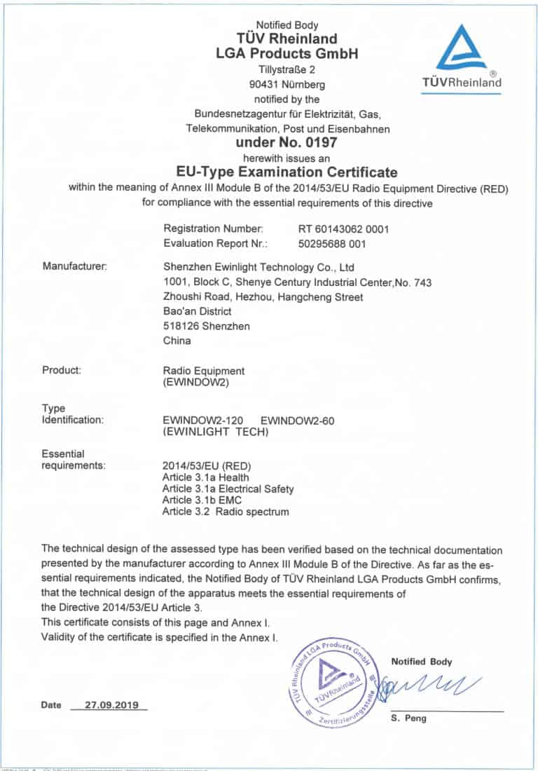 EWindow secures EU-type Examination Certificate from TUV Rheinland LGA Products GmbH, 90431 Numberg.